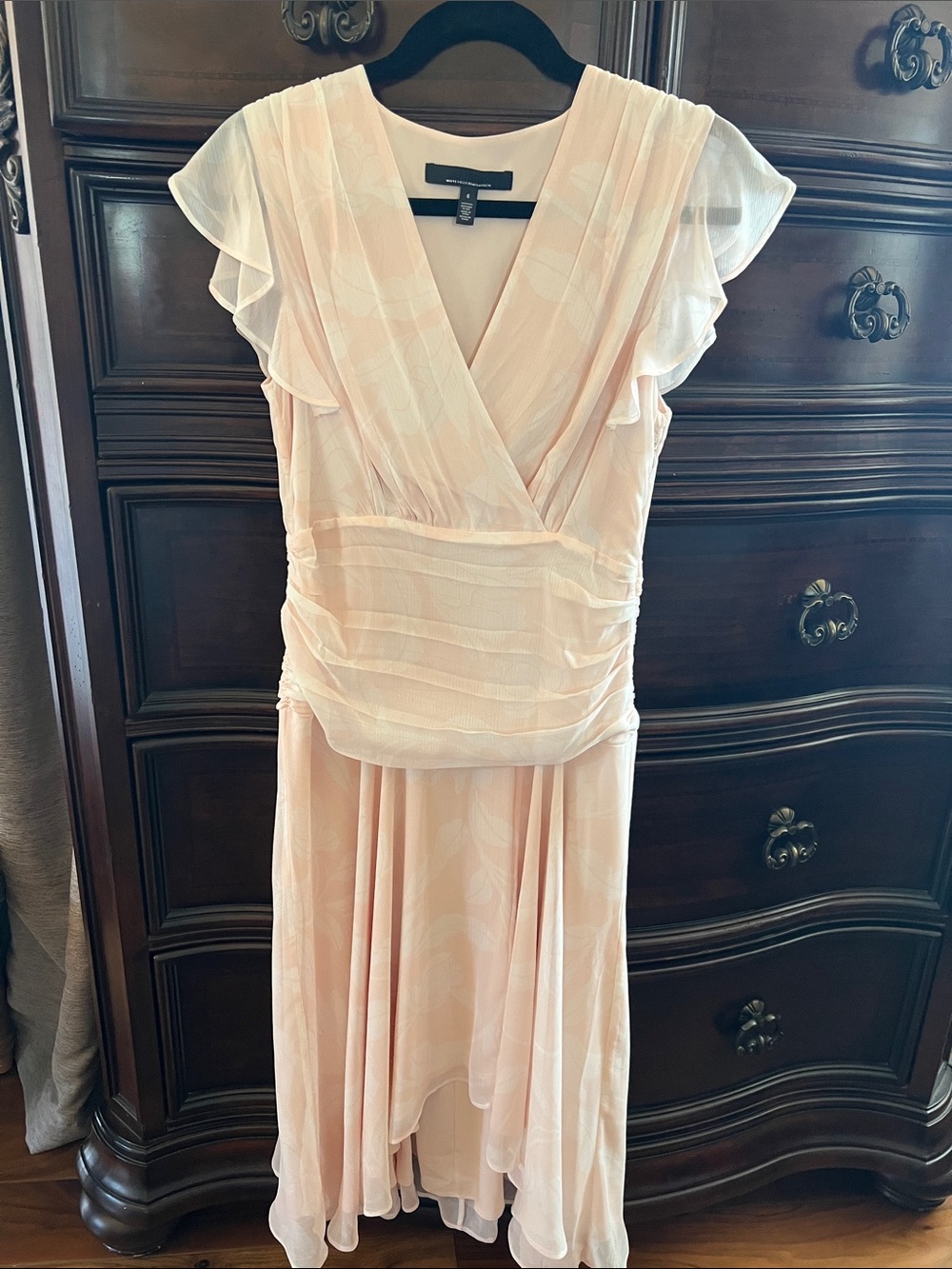White House Black Market Blush Pink V-Neck Flutter Sleeve Midi Dress